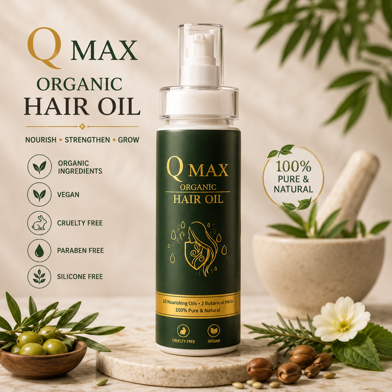Q Max Organic Hair Oil + FREE Dermaroller
